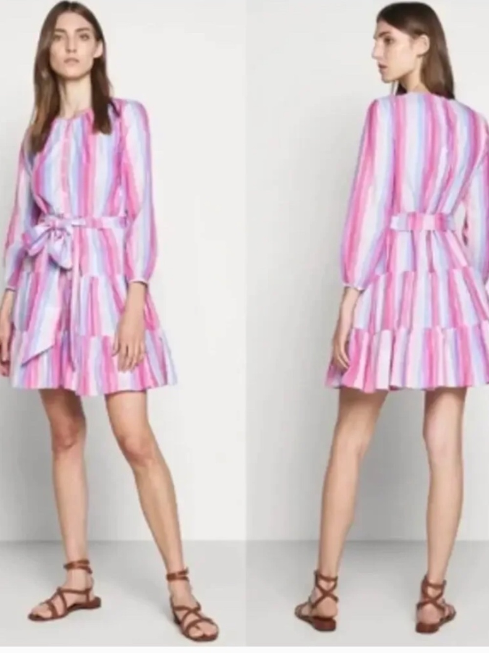 J.CREW Veda Striped Raibow Pastel Pink Blue Tiered Mini Dress Long Sleeve XS